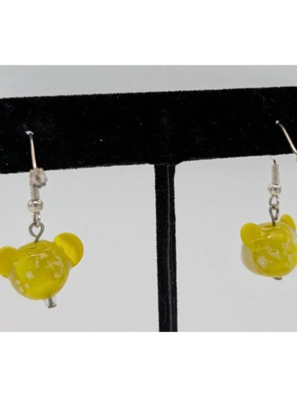 funky glow in the dark art glass beads monkey face dangle earrings yellow clown